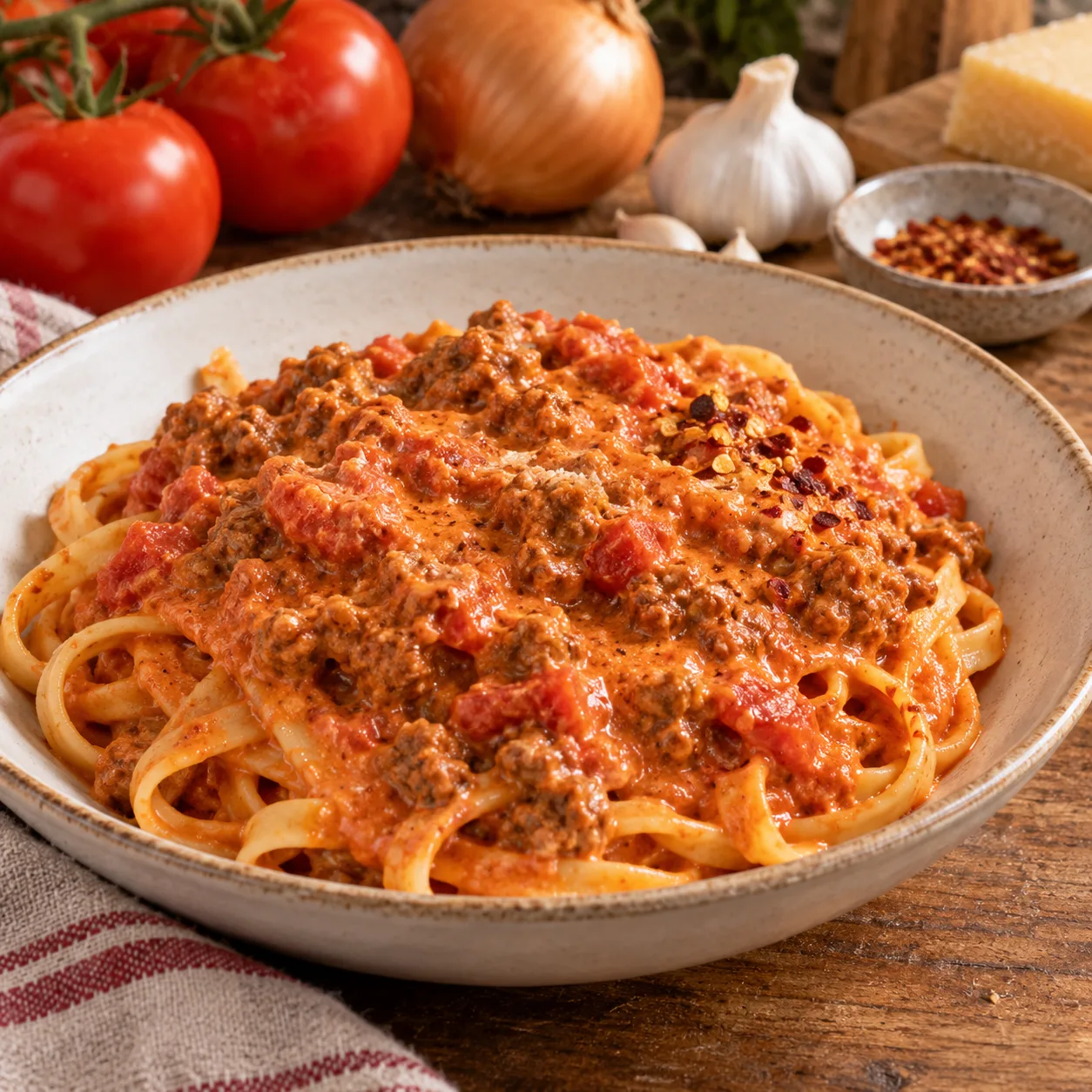 Creamy Garden Tomato Meat Sauce with Optional Spicy Finish
