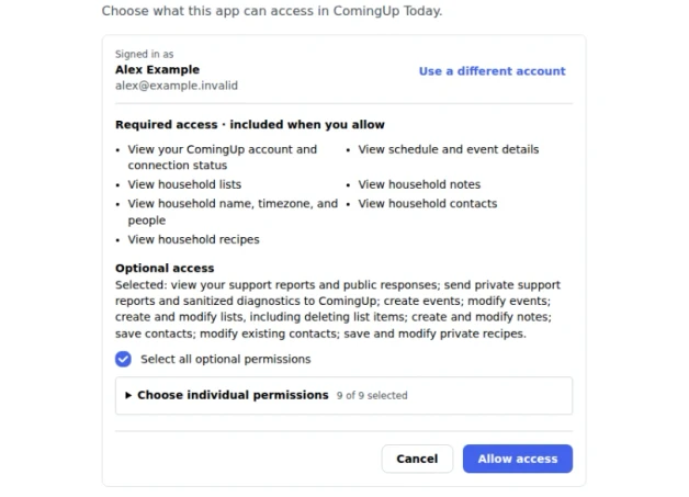 ComingUp Today authorization screen showing required access, optional permissions, individual permission controls, and the Allow access button.